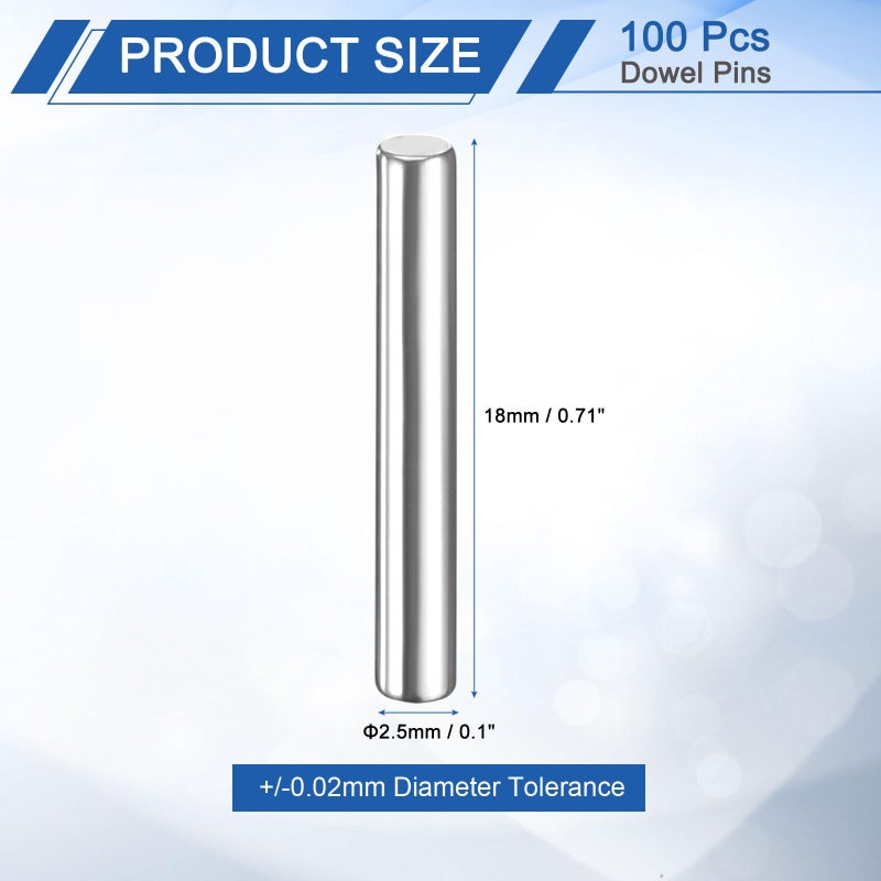 uxcell 100 Pcs 2.5mm x 18mm Dowel Pins Bearing Steel Cylindrical Dowel Pins Shelf Support Peg Pin Rod Fasten Elements Metal Shelf Pegs +/-0.02mm Diameter Tolerance, Silver Tone - Image 2